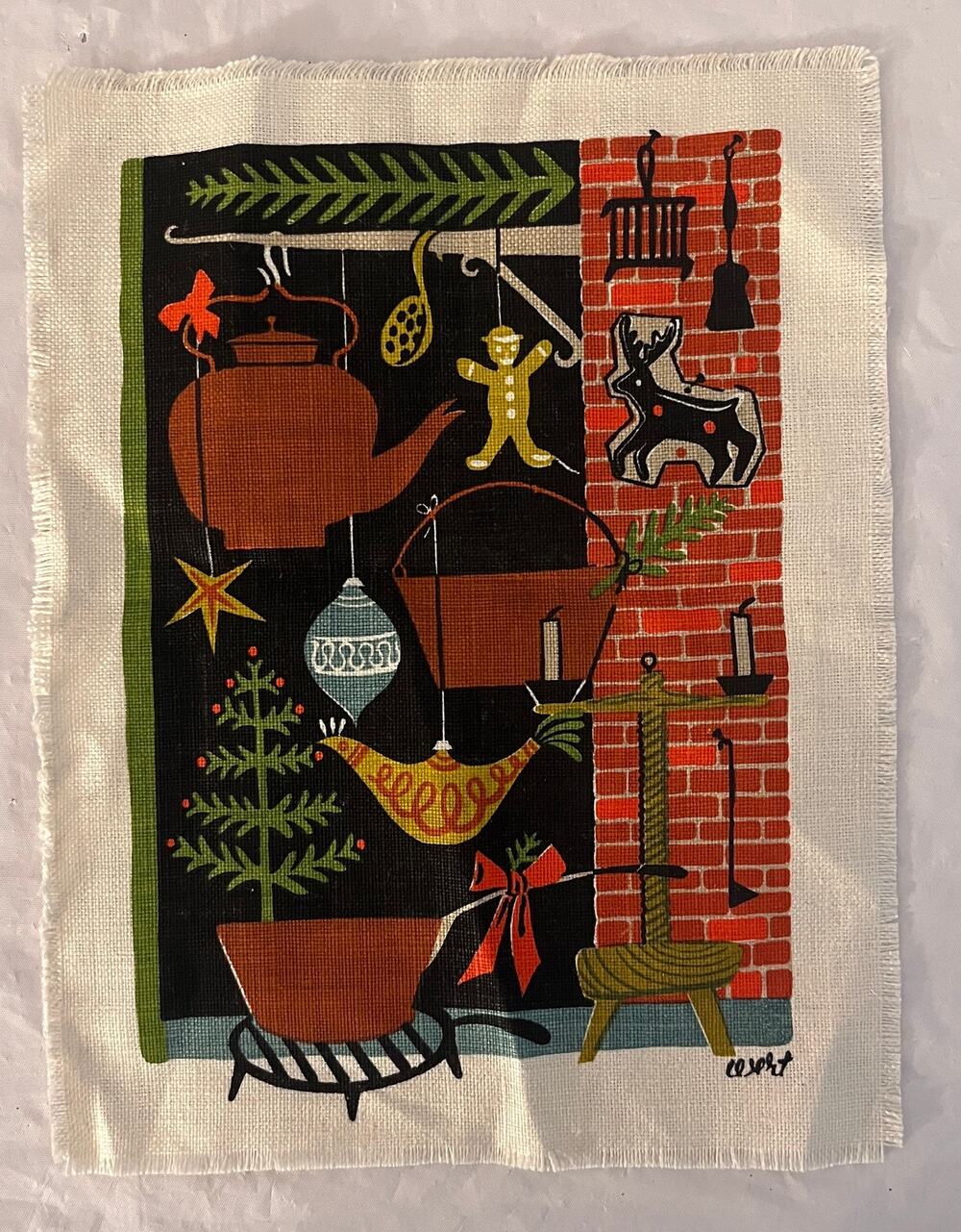 Robert Darr Wert Vintage Mid Century Modern MCM Christmas Screen Print Linen Art